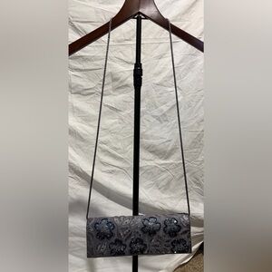 Floral Embellished Gray Shoulder Clutch